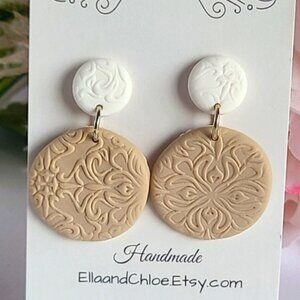 Beautiful Handmade Clay Taupe Colourblock Round Circle Drop Statement Earrings